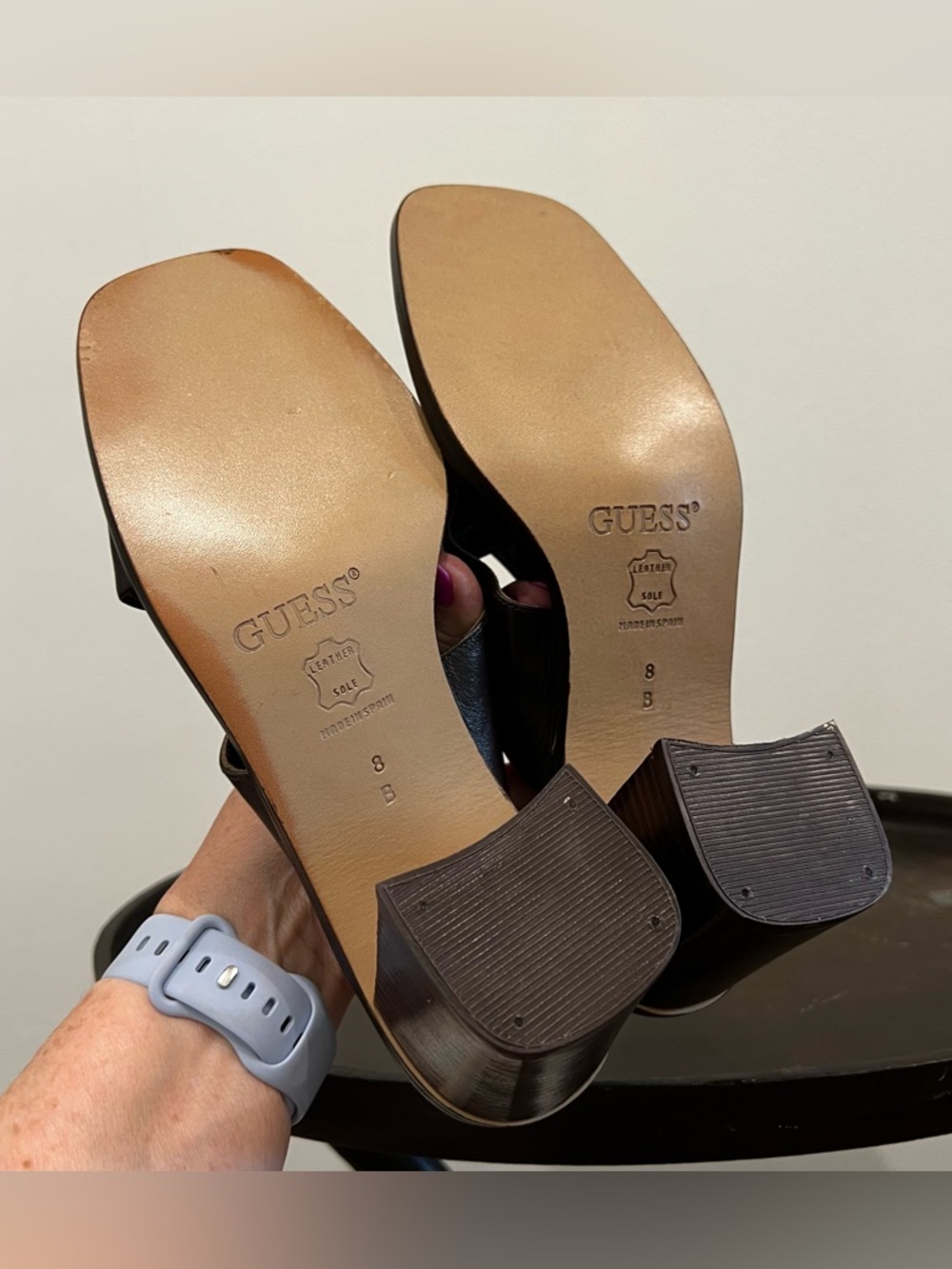 GUESS Dark Brown Genuine Leather Crisscross Block Heel Sandals size 7 - Picture 6 of 14